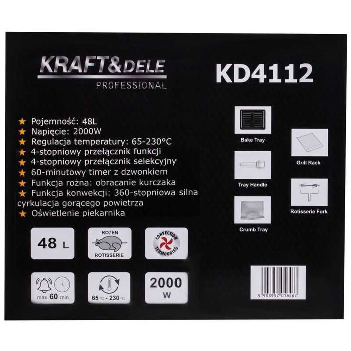 Kuchenka Elektryczna Mini Piekarnik 48L 2000W Funkcja Rożna +Akcesoria