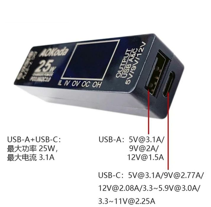 Універсальний блок живлення AOKoda XT60 → USB 25 Вт