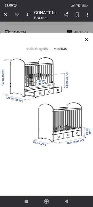 Berço com gavetas GONATT IKEA 60×120cm e Colchão de espuma 60×120×8cm