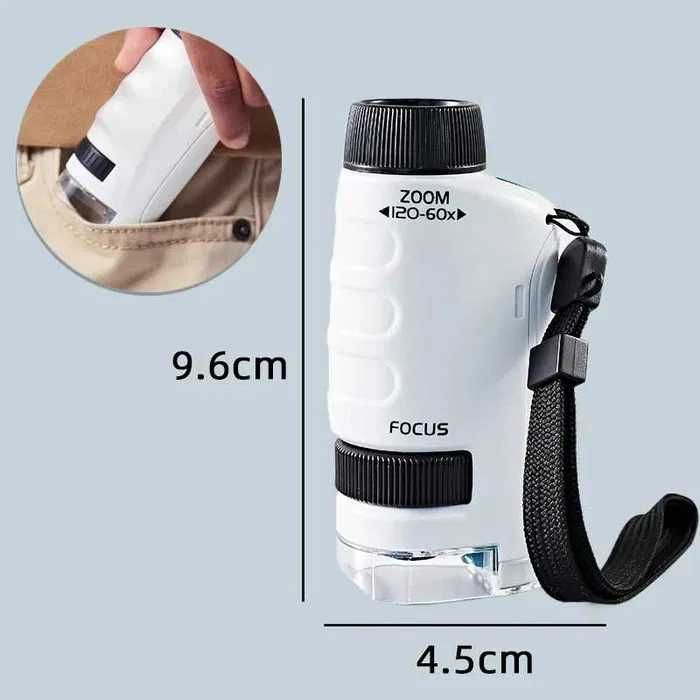 Microscópio de bolso pequeno portátil escola 60x a 120x LED novo