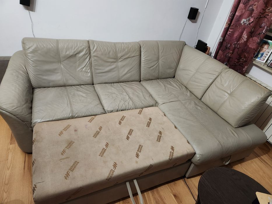 Narożnik skóra naturalna z funkcja spania, mechanizm delfin