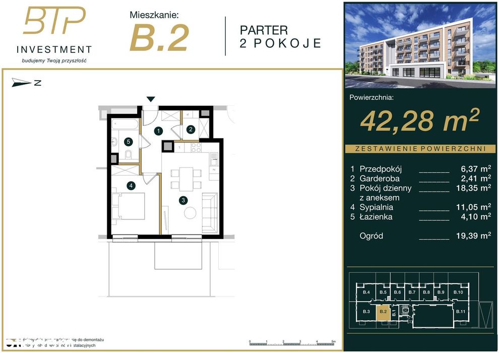 2 pokoje 42,28 m² z ogródkiem 19,39 m², parter | Natura Park B02