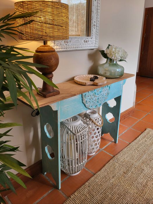 aparador, consola, mesa, azul, talha, decoração, rustico