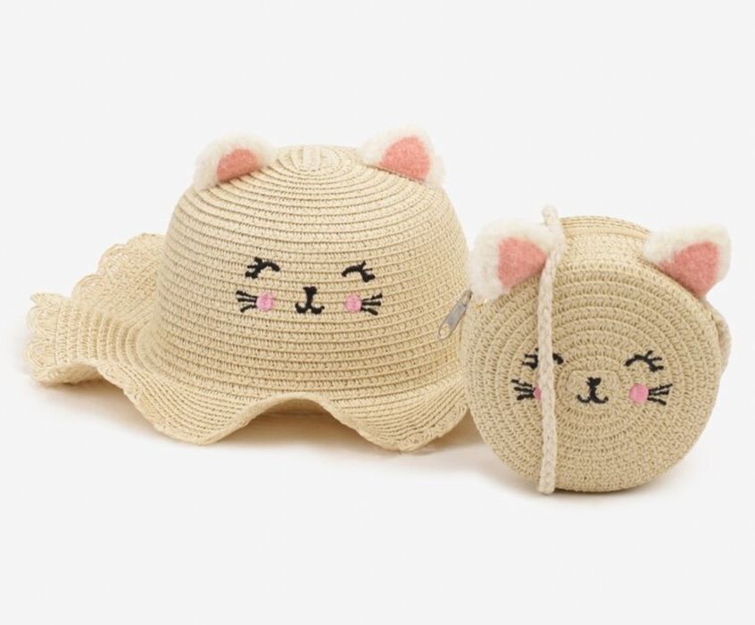 Beżowy Kapelusz z Zabawną Buźką i Uszami i Torebka