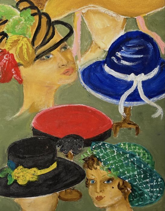 Pintura a Óleo Vintage com Composição de Chapéus e Manequins