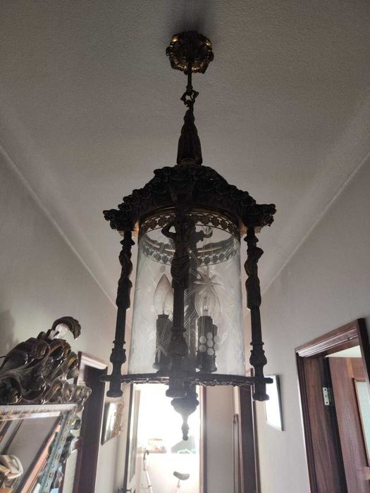 Candeeiro lanterna antigo em bronze com vidro gravado