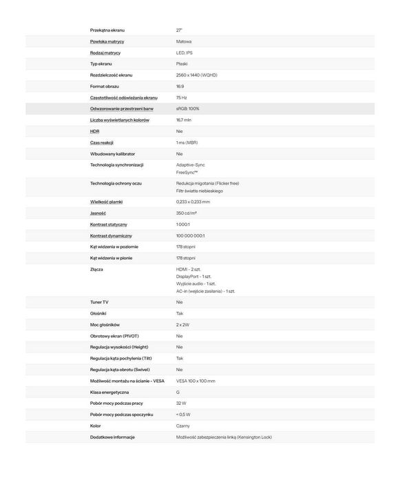 Monitor 1440p 27 cali Acer Nitro VG270UBMIIPX