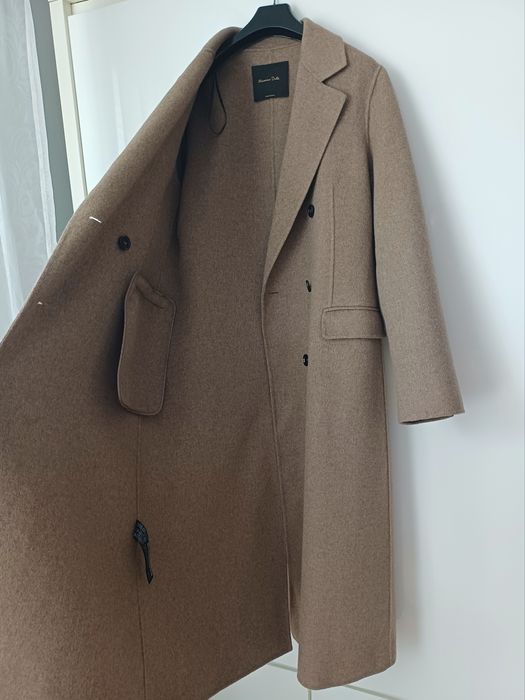Massimo Dutti wełniany płaszcz brązowy taupe wełna długi midi wiosenny