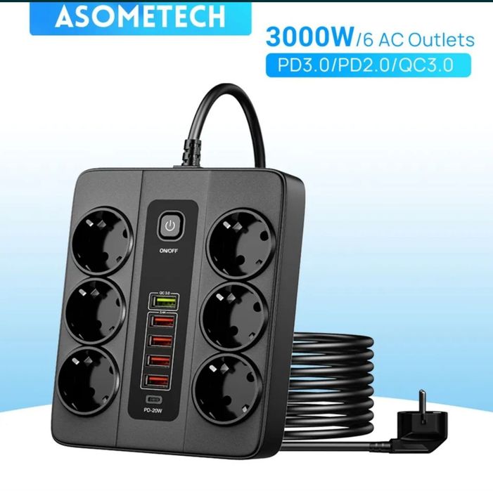 Сетевой удлинитель ASOMETECH на 6 розеток переменного тока, 3000 BT,