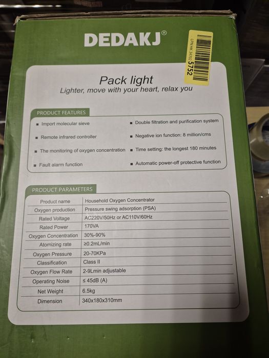 DEDAKJ Domowy koncentrator tlenu 30-90% wysokiej czystości przenośny