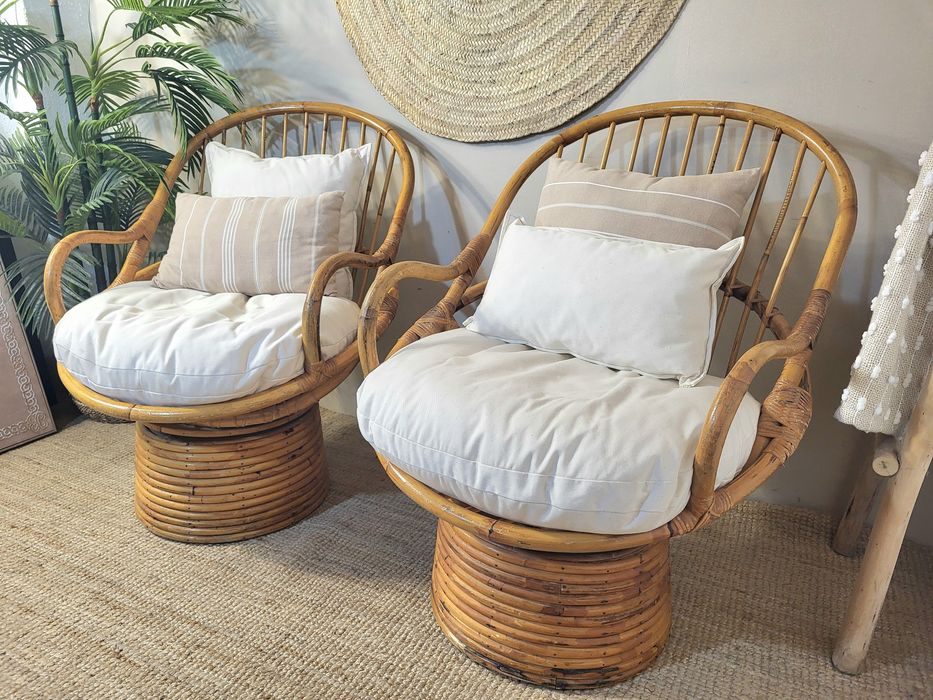 2 cadeiras, poltrona, rotativas, bambu, rattan, vintage, rustico