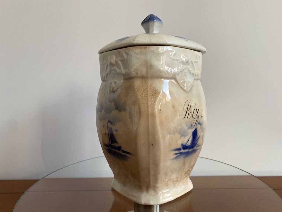 Antyczny Secesyjny Pojemnik Na Ryż Vintage Niebieski/Biały