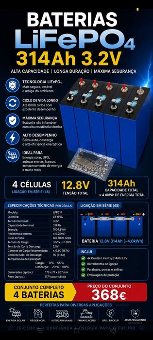 Baterias lítio 4un. 368€. Oportunidade