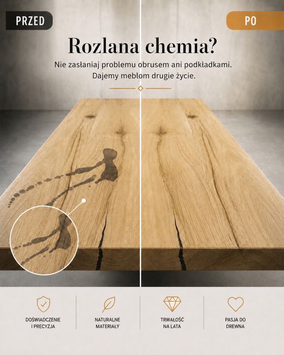 Stół dębowy jesion orzech— renowacja, usuwanie rys, plam i przebarwień, nowa powłoka, olejowanie, lakierowanie