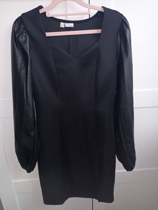 Nowa klasyczna mała czarna sukienka długie rękawy z Eco skóry R.36/38