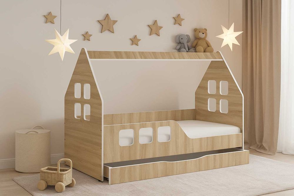 Łóżko dziecięce DOMEK SONOMA z SZUFLADĄ 160x80 + materac