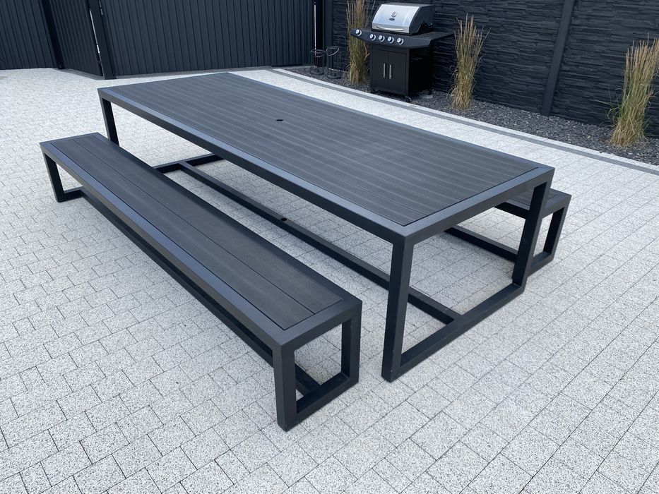 Meble ogrodowe metalowe stalowe nowoczesne czarne duzy zestaw 315cm
