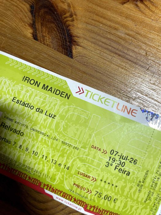 Bilhete Relvado Iron Maiden