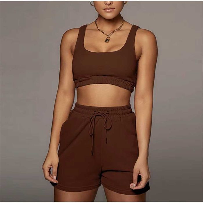 Damski dwuczęściowy komplet dresowy brązowy na lato top + spodenki S