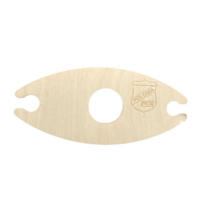 Uchwyty do kieliszków wykonane z drewna z herbem Polonii Piła.