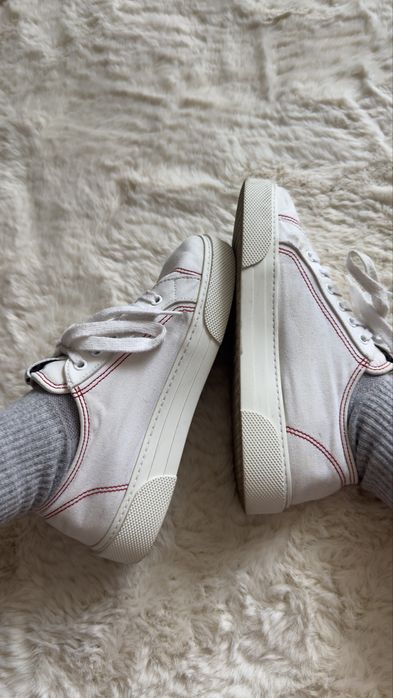 Miu Miu White Canvas Web Logo Red Stitch Lace Up Platform Sneakers