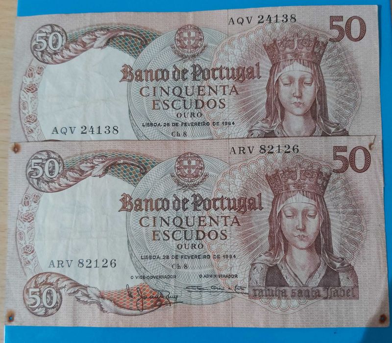 2 Notas de 50$00 de Portugal, CH 8, Rainha Santa Isabel 1964