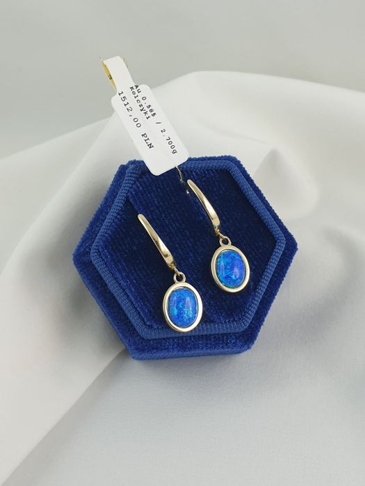 Złote wiszące kolczyki z  niebieskim opalem 585 nowe Zapięcie angielsk