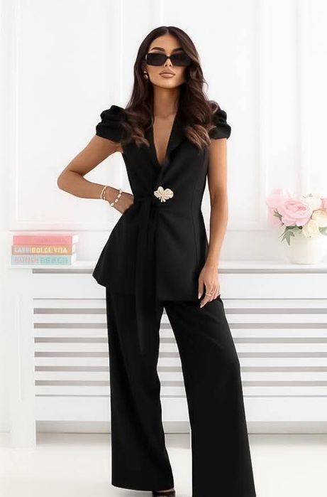 Czarny elegancki komplet zestaw imprezowy garnitur Varlesca chicaca S M L XL