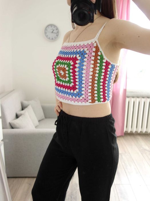 Nowy crop top szydełkowy handmade krótki kolorowy bluzka 36 S