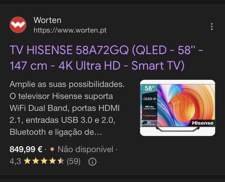Smart TV Hisense 58A72GQ (QLED 58” 147 cm) 4K Ultra HD