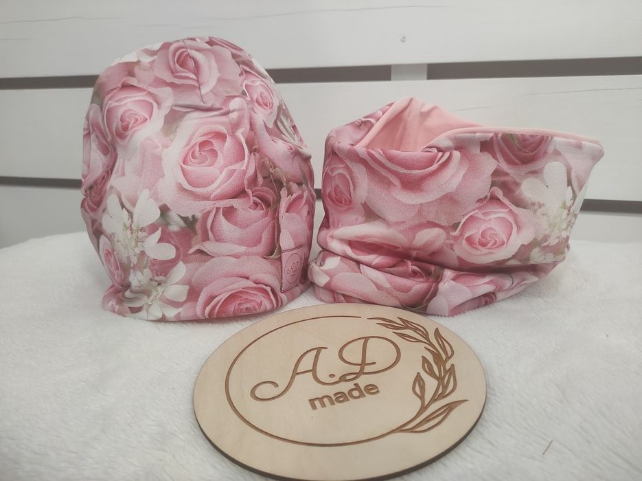 Komplet bawełniany Pudrowe Róże czapka,komin 86,98,104,110,116,122,128