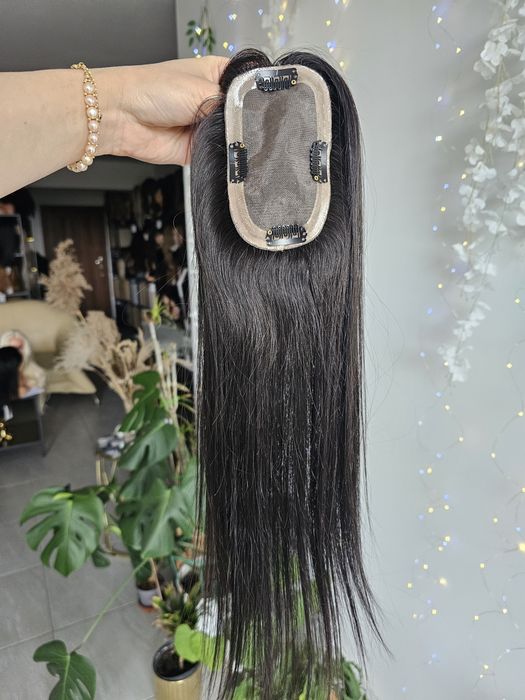 Mini topper tupet mono baza Lucy włosy naturalne 50cm czarny kolor