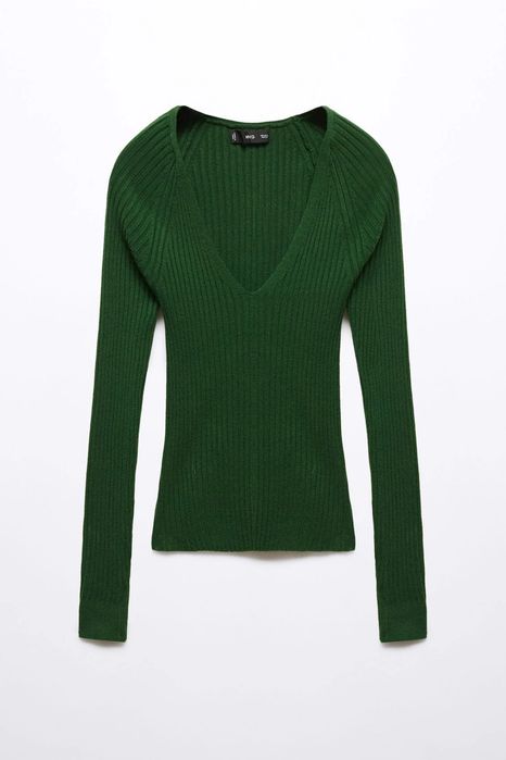 Sweter zielony dekolt w serek Mango M