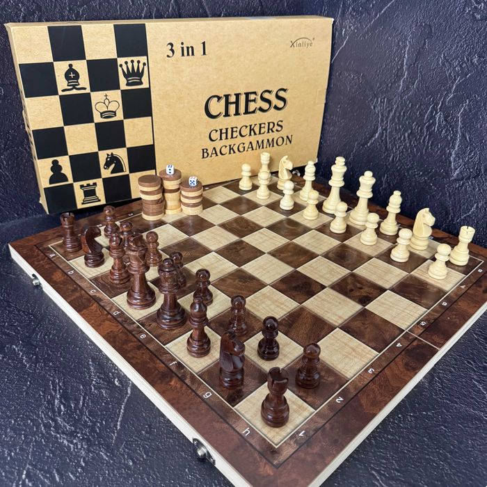 Набор шахматы, шашки, нарды 3 в 1 деревянные 7723 (доска 34x34 см)