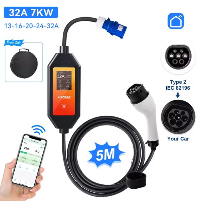 Зарядка для електромобіля Ipengen Type 2 32A 7KW WI-FI APP