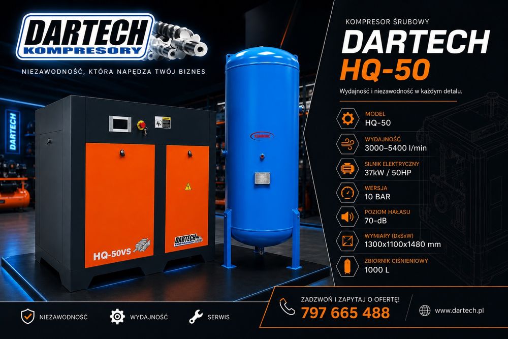 Kompresor śrubowy DARTECH HQ-50VS + 1000 l. POLSKI, 37kW, 3000-5400 l/min, 10 bar, falownik NOWY GWARANCJA