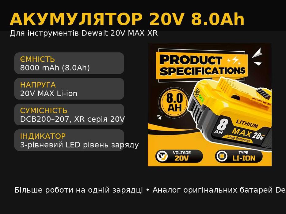 Батарея 8Ah 20V MAX для DeWalt XR Змінний акумулятор для DCB205/DCB206