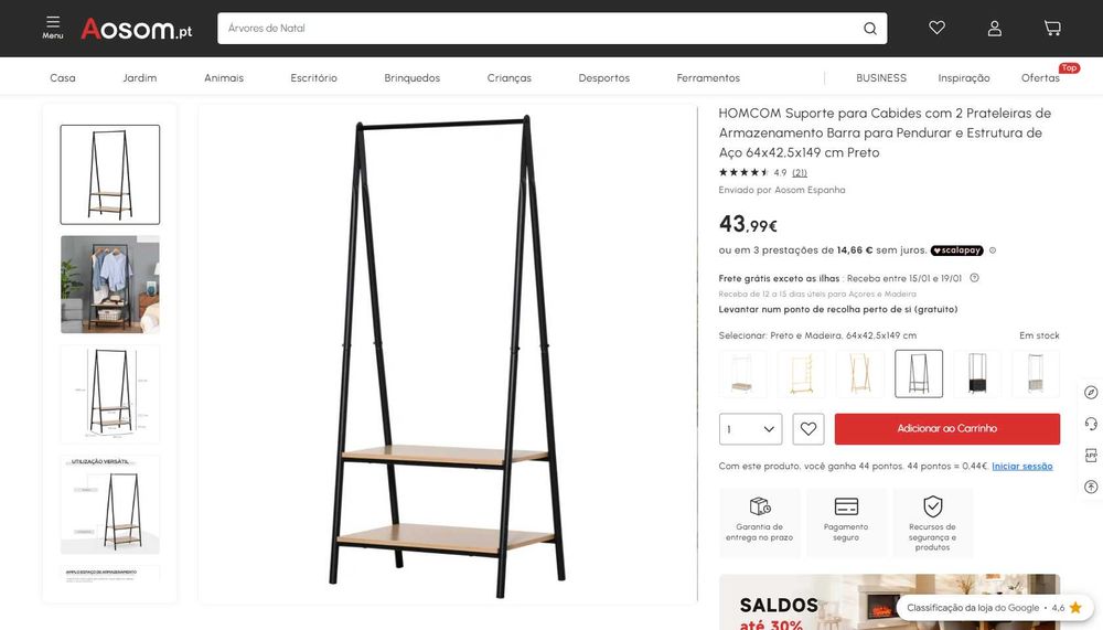 Cabideiro com prateleiras – metal e madeira