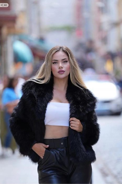 Krótki czarny płaszcz futrzany elegancki minimalistyczny l 5ia