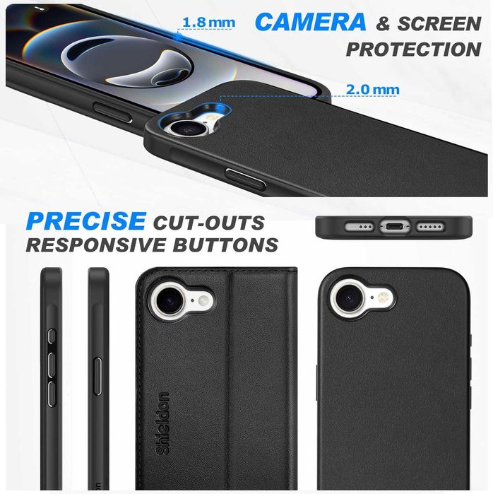 Shieldon naturalne etui skórzane iPhone 16e portfel klapką czarne 2w1
