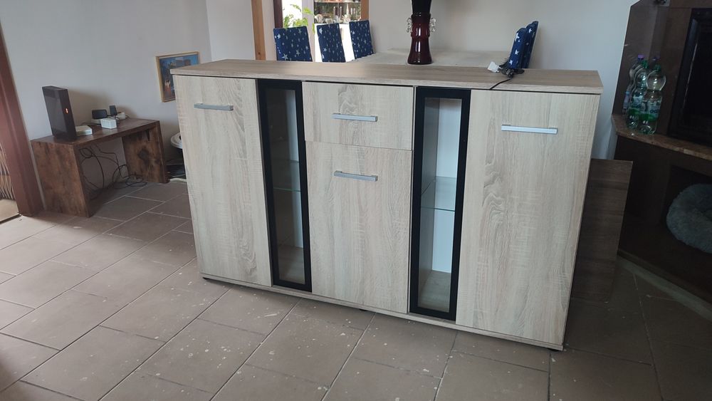 Komoda Barek Witryna Szafka pod TV Dąb Sonoma 140 cm IDEALNY STAN