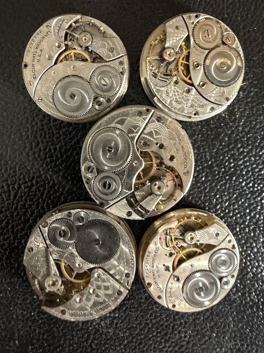 5 mechanizmów i tarcz Elgin USA – zegarki kieszonkowe – kolekcja, renowacja
