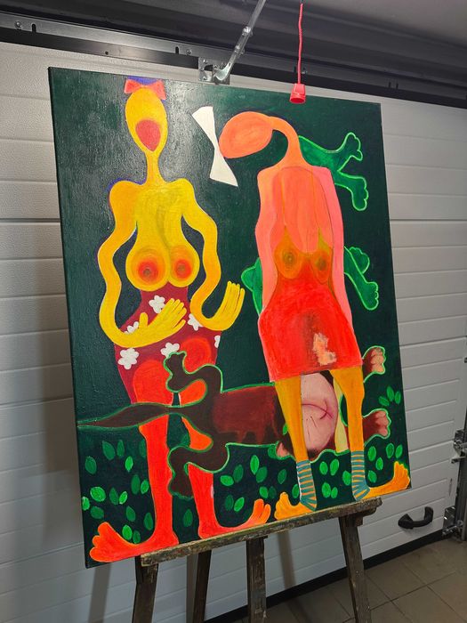 Duży Obraz 100x80 cm – Surrealizm / Art Brut, Akty, Psy, Nowoczesny