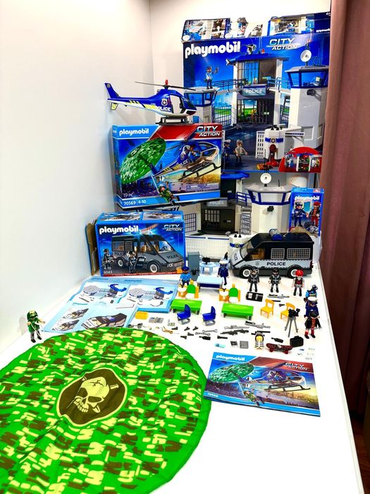 Playmobil 6919 komisariat z więzieniem i lotniskiem, radiowóz, helikopter, przestępcy.
