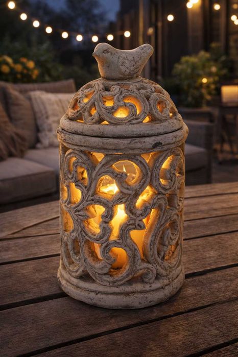 Lampion świecznik stylowy ażurowy ptaszek beżowy 30 cm Ogród Taras Balkon