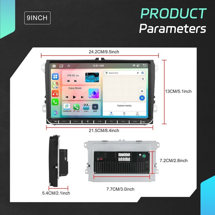 Rádio 9" Android 15 | 6/128GB CarPlay/Auto S/Fios, GPS, VW/SEAT/SKODA