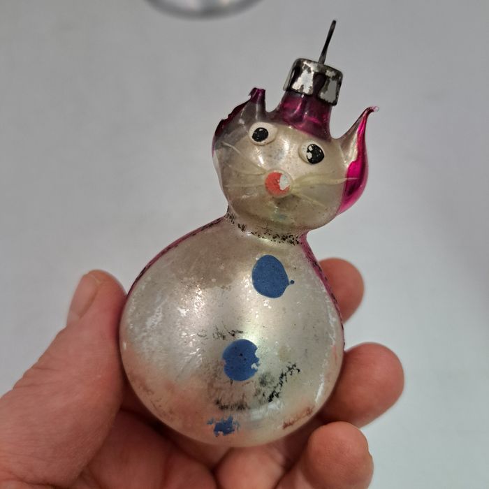 Stara bombka na choinkę z PRL szklana Kotek Kot 1