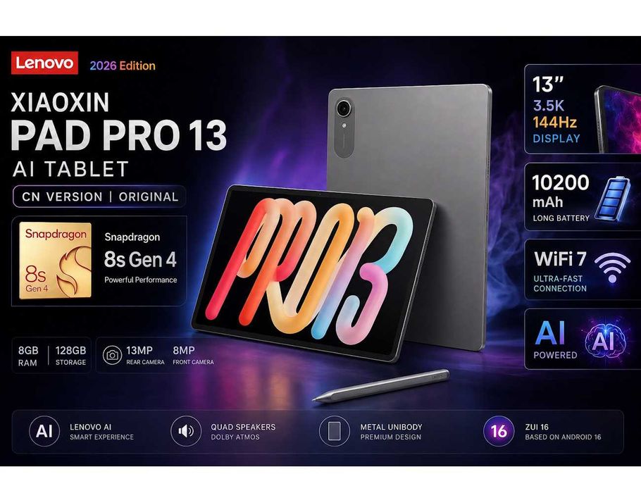 Планшет Lenovo Xiaoxin Pro 13 AI 3.5K Snapdragon 8s Gen4 10200mAh WIFI 7