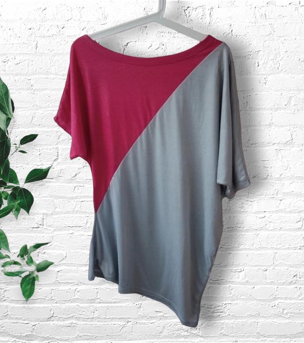 Bluzka asymetryczna L różowo szara brokat