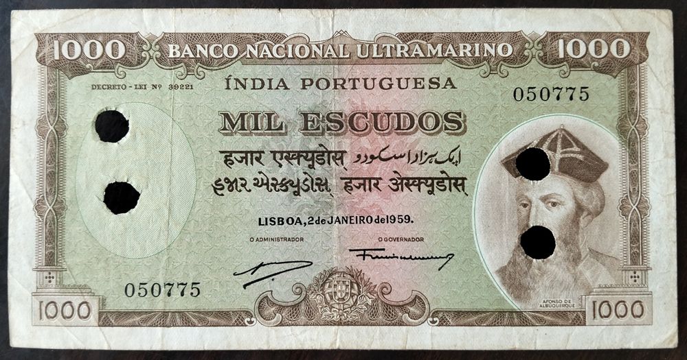 Nota 1000$ 1959 Índia Portuguesa Estado Bela Muitíssimo Rara
